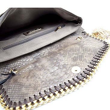 PPC3967-LP Tassel Accent Snake Print Envelope Chain Flap