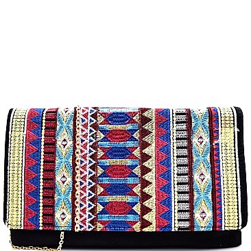 PP5171-LP Aztec Theme Embroidery Suede Flap Clutch