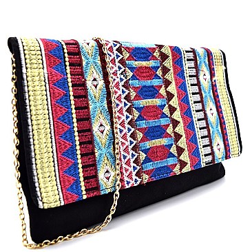 PP5171-LP Aztec Theme Embroidery Suede Flap Clutch