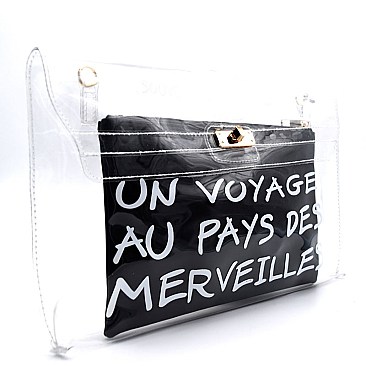 PPC5355-LP Letter Print 2 in 1 Clear Oversized Clutch