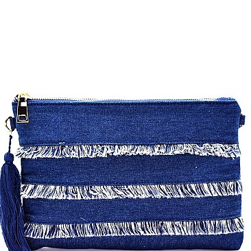 PPC5459-LP Thread Tassel Frayed Denim Clutch