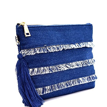 PPC5459-LP Thread Tassel Frayed Denim Clutch