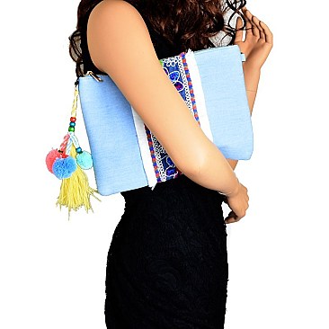 PPC5472-LP  Tread Tassel Accent Embroidery Ethnic Denim Clutch Cross Body