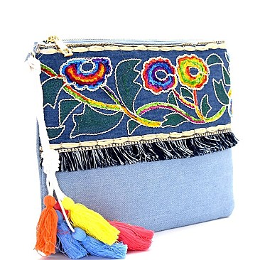 PPC5474-LP Colorful Thread Tassel Bohemian Embroidery Denim Clutch