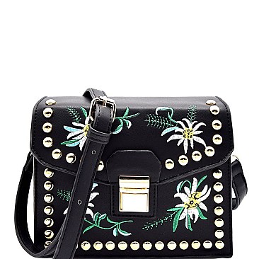 PPC5498-LP Flower Embroidery Studded Retro Satchel Cross Body