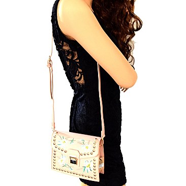 PPC5498-LP Flower Embroidery Studded Retro Satchel Cross Body