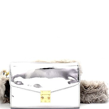 PPC5588-LP Faux-Fur Strap Accent Metallic Flap Shoulder Bag