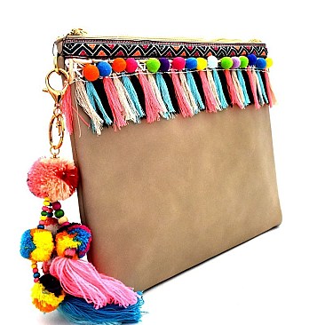 PPC5600-LP Colorful Puff Ball Thread Tassel Accent Clutch