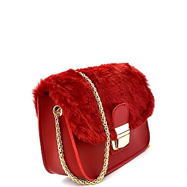 PPC5693-LP Faux-Fur Accent Push-Lock Flap Shoulder Bag