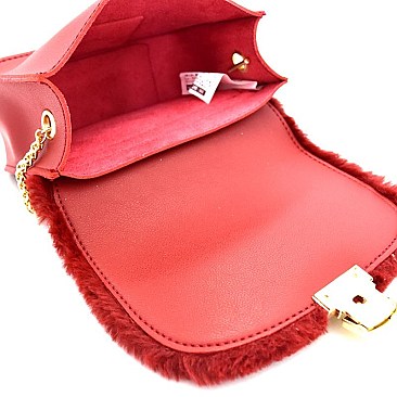 PPC5693-LP Faux-Fur Accent Push-Lock Flap Shoulder Bag