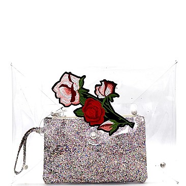 2 in 1 Flower Embroidered Oversized Clear Clutch with Glitter