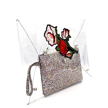 2 in 1 Flower Embroidered Oversized Clear Clutch with Glitter