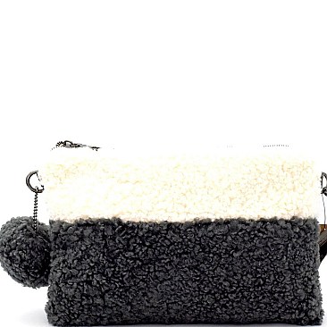 PPC5715-LP Pom Pom Accent Color Block Faux-Fur Clutch