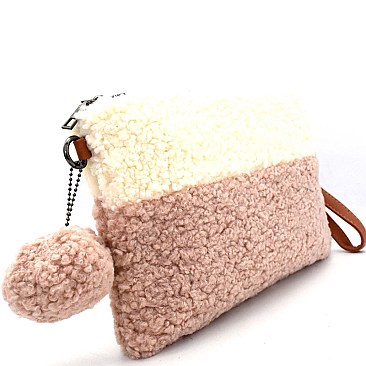 PPC5715-LP Pom Pom Accent Color Block Faux-Fur Clutch