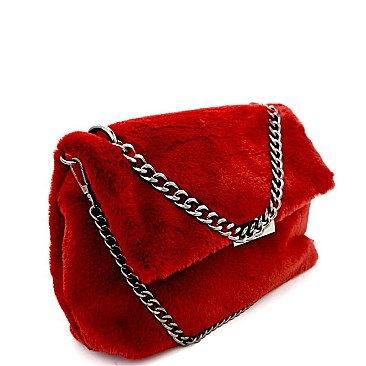 PPC5800-LP Hematite-Tone Chain Accent Faux-Fur Plush Clutch Shoulder Bag