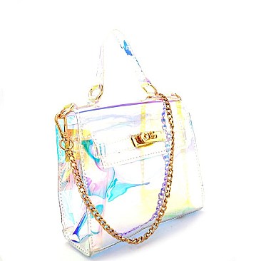 PPC5830-LP Unique Hologram Clear Turn-Lock Satchel Shoulder Bag