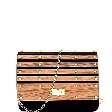 PPC5896-LP Studded Cut-Out Wooden Panel Shoulder Bag