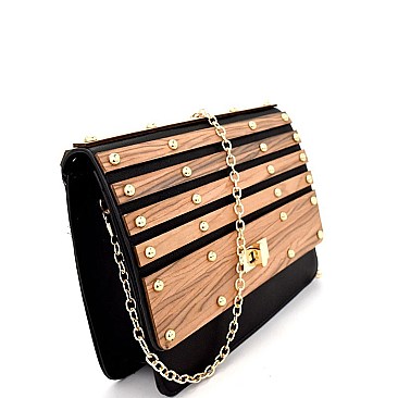 PPC5896-LP Studded Cut-Out Wooden Panel Shoulder Bag