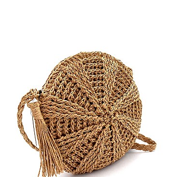 PPC6009 Tassel Accent Knitted Straw Bohemian Round Cross Body