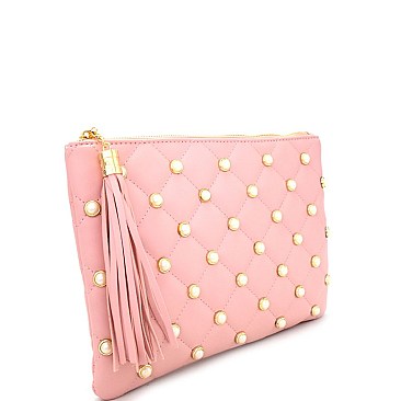 PPC6079-LP Pearl Embellished Tassel Accent Quilted Clutch