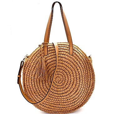 PPC6089 Circled Pattern Straw Tassel Round Big Size Tote