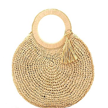 Tassel Accent Circled Pattern Knitted Straw Round Satchel  PPC6090-LP