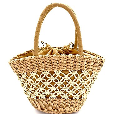 Two-Tone Drawstring Finish Straw Basket Satchel
