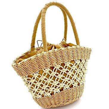 Two-Tone Drawstring Finish Straw Basket Satchel