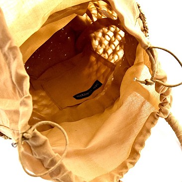 Two-Tone Drawstring Finish Straw Basket Satchel