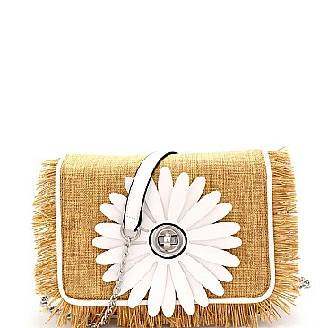 Turn-Lock Flower Accent Frayed Straw Flap Cross Body PPC6174-LP