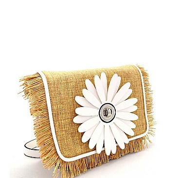 Turn-Lock Flower Accent Frayed Straw Flap Cross Body PPC6174-LP