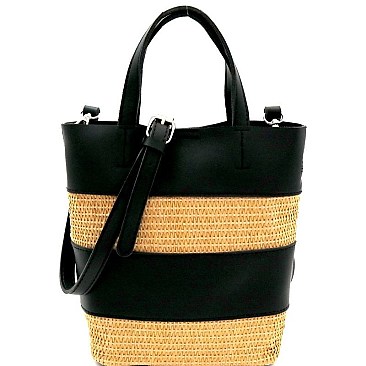 Woven Straw Mixed-Material 2 in 1 Bucket Shoulder Bag