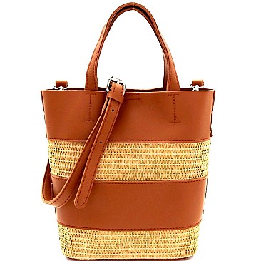 Woven Straw Mixed-Material 2 in 1 Bucket Shoulder Bag