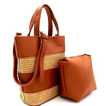 Woven Straw Mixed-Material 2 in 1 Bucket Shoulder Bag