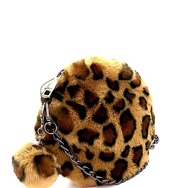 Leopard Print Pom Pom Accent Faux-fur Round Cross Body Mh-PPC6522