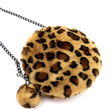 Leopard Print Pom Pom Accent Faux-fur Round Cross Body Mh-PPC6522