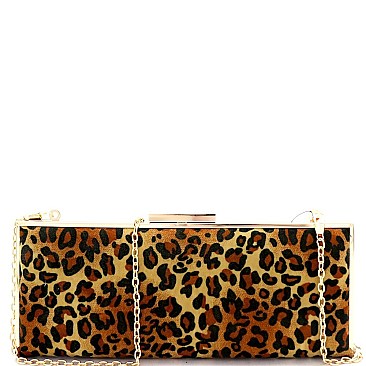 Felt-Suede Leopard Print Metal Frame Slim Clutch