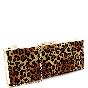 Felt-Suede Leopard Print Metal Frame Slim Clutch