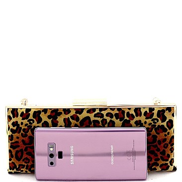 Felt-Suede Leopard Print Metal Frame Slim Clutch