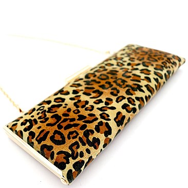 Felt-Suede Leopard Print Metal Frame Slim Clutch