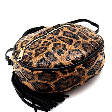 ROUND LEOPARD PRINT WITH TASSEL CROSS SHOULDER BAG