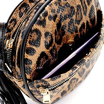 ROUND LEOPARD PRINT WITH TASSEL CROSS SHOULDER BAG