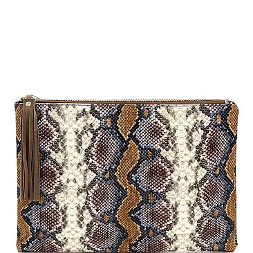 SNAKE PRINT TASSEL CLUTCH