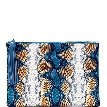 SNAKE PRINT TASSEL CLUTCH