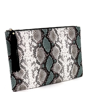 Oversized Tassel Accent Snake Print Hand Clutch