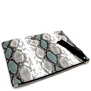 Oversized Tassel Accent Snake Print Hand Clutch