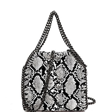SNAKE PRINT CHAIN LINK ACCENT SATCHEL