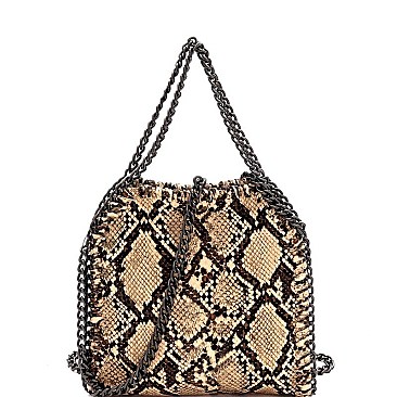 SNAKE PRINT CHAIN LINK ACCENT SATCHEL
