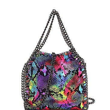 SNAKE PRINT CHAIN LINK ACCENT SATCHEL