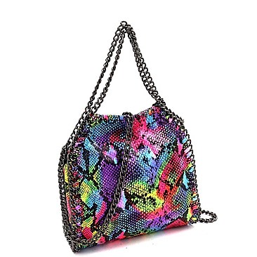SNAKE PRINT CHAIN LINK ACCENT SATCHEL
